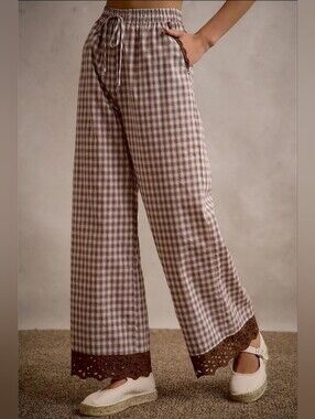 So Me Brown Plaid Wide-Leg Pants with Lace Trim